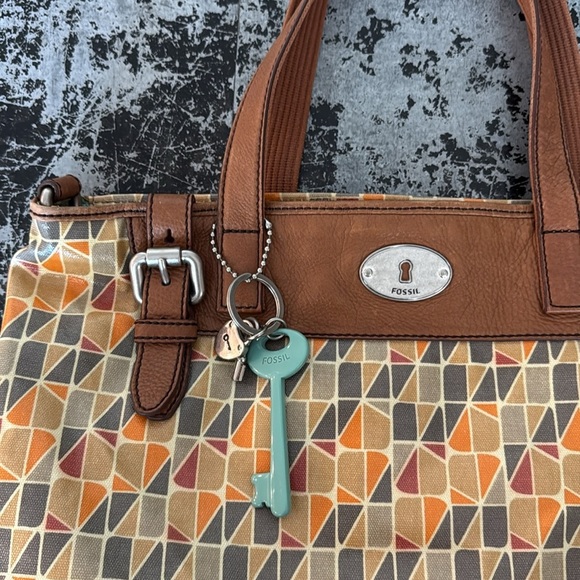 Fossil Brown/Orange Leather/Coated Canvas Vintage Key Per Tote 15x13x5" - Picture 2 of 7